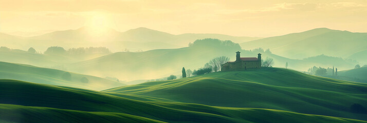 Wall Mural - scenic layers of green hills at morning with house in far away at sunrise