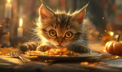 Wall Mural - A cat is sitting on a plate with food in front of it. Generative AI.