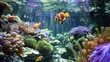 Cute anemone fish playing on the coral reef, beautiful color clownfish on coral reefs, anemones on tropical coral reefs ,Generative ai, 