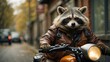 A raccoon in a leather jacket riding on the back of motorcycle. Generative AI.