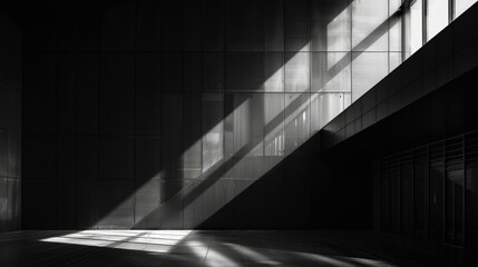 Poster - A black and white photo of a room with sunlight coming through the windows. Generative AI.