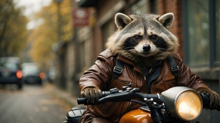 Wall Mural - A raccoon in a leather jacket riding on the back of motorcycle. Generative AI.