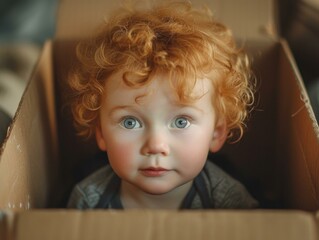 Canvas Print - A close up of a child with red hair sitting in an open box. Generative AI.