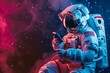 Astronaut using mobile phone in space, Generative AI
