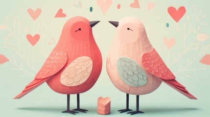 Canvas Print - Two birds are standing next to each other with hearts around them. Generative AI.