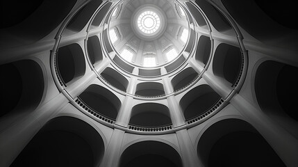 Wall Mural - Circular staircase - low angle shot - artistic geometric architecture - black and white - tower 