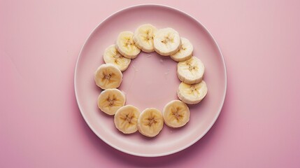 Wall Mural - banana slices arranged in a perfect circle on a pastel pink plate, tempting the taste buds.