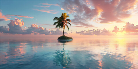 Wall Mural - Little Tropical Island with coconut tree and clear water of the sea at sunset