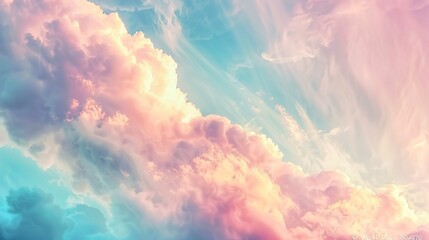 Wall Mural - Beautiful abstract background with soft pastel colors and blurred sky with clouds. Soft light from the sun creates gentle rays of light