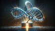 Futuristic concept of DNA strands and a key unlocking genetic secrets, great for themes of innovation, genetic engineering, and high-tech research