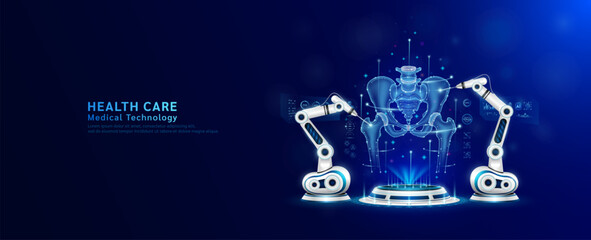 Wall Mural - Robot arms operating healing pelvis bone on the podium. Robotic surgery. Machine surgeon in health care and diagnose disease. Modern medical technologies innovation concept. Banner vector EPS10.