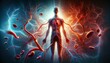 © Ross - Dynamic and energetic illustration of a human with circulatory system and blood cells for health education, medical textbooks, and physiology courses