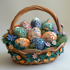 Wall Mural - Paper cut basket with flowers and  colored paper cut quilling Easter eggs on white background