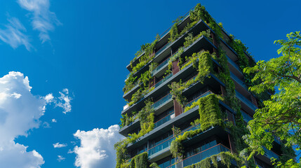 Modern green building with trees in blue sky background. Skyscraper for office,estate or residential apartment. Eco-friendly sustainable building architecture to reduce carbon dioxide (CO2). Vertical 