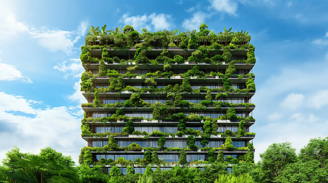 Modern green building with trees in blue sky background. Skyscraper for office,estate or residential apartment. Eco-friendly sustainable building architecture to reduce carbon dioxide (CO2). Vertical 
