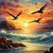 the serene beauty of birds gracefully soaring above the sea at sunset in a breathtaking landscape painting. The warm hues of the setting sun reflecting off the tranquil waters create a mesmerizing bac