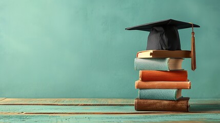 A cap celebrating graduation perched atop a pile of books structured across a wooden table over a pale green backdrop and space, Generative AI.