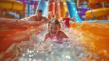 3D Illustration Of Kids Joyfully Sliding Down A Giant Water Slide Into A Splash Pool, Vibrant And Lively