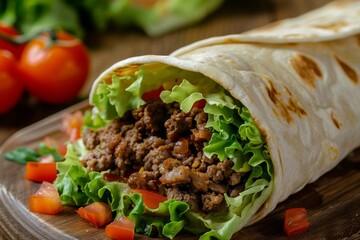 Wall Mural - Closeup shot of a burrito filled with juicy meat and fresh lettuce on a cutting board
