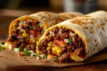 Poster - A burrito cut in half and placed on a wooden cutting board