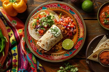 Canvas Print - A mouthwatering burrito with colorful fillings on a plate placed on a wooden table