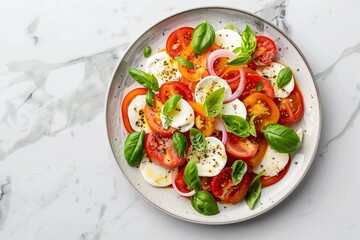 Wall Mural - A plate of tomatoes and mozzarella arranged on a marble table
