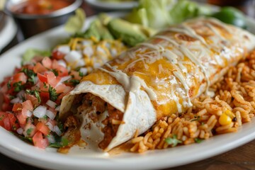 Sticker - A white plate holding a burrito smothered in melted cheese, ready to be enjoyed