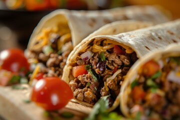 Poster - Close-up view of a burrito placed on a wooden cutting board, showcasing its ingredients