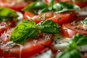 Wall Mural - A detailed close-up shot of a pizza topped with fresh tomatoes and basil leaves