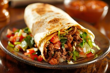 Poster - A burrito filled with meat and vegetables, including lettuce and tomatoes, displayed on a plate