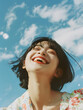 空を仰ぐ幸せ溢れる笑顔の日本人女性