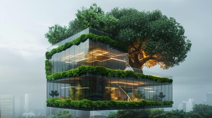 Wall Mural - Sustainable green building, Eco friendly building. Sustainable glass office building with tree for reducing carbon dioxide, Office with green environment, Corporate building reduce CO2, Safety glass