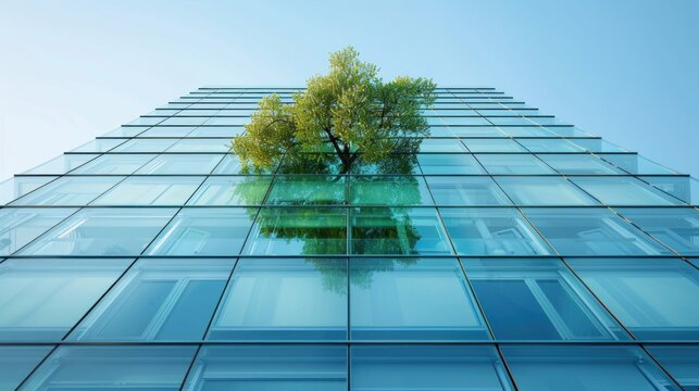 Sustainable green building, Eco friendly building. Sustainable glass office building with tree for reducing carbon dioxide, Office with green environment, Corporate building reduce CO2, Safety glass