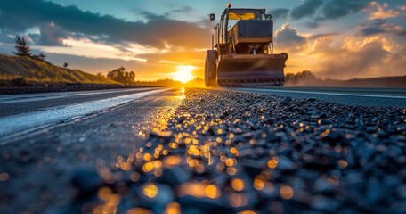 Wall Mural - Asphalt paver on new highway, close view, golden hour, wide lens, path to connectivity. 