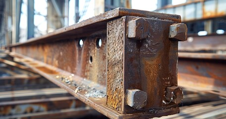 Wall Mural - Strengthening structural beams in an old warehouse, close-up, bright day, wide lens, durability focus. 