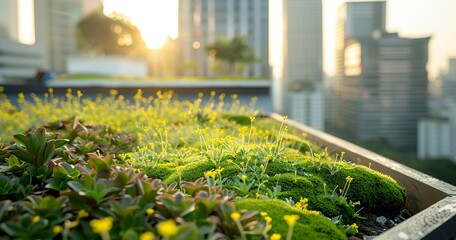 Poster - Green roof planting on urban office, close view, morning light, wide angle, biodiversity in city. 