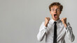 © Ari - White people businessman in white shirt raised fist with surprise face