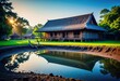 A rustic cottage surrounded by water and mud ponds, set in the tranquil scenery of an Asian rural countryside