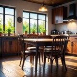 Fototapeta  - A wooden kitchen table with chairs, set against a blurred background, awaits occupants