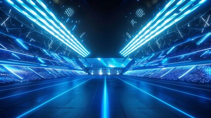 Poster - Vibrant neon tunnel in futuristic style - A dynamic and visually striking image of a neon-lit tunnel with symmetrical design, creating a sense of movement and energy