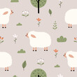Seamless pattern with cute lamb and flowers for your fabric, children textile, apparel, nursery decoration, gift wrap paper, baby's shirt. Vector illustration