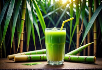 Indulge in freshly squeezed sugar cane juice, garnished with sugar cane branches against a blurred background