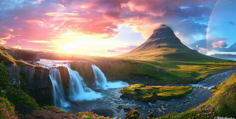  A panoramic view of the majestic nature of Iceland, showcasing cascading waterfalls and lush greenery under a vibrant sunset sky with rainbows