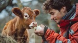 Fototapeta  - Portrait of a man feeding a baby cow milk with bottle with a blurry backdrop and a big space for text or product, Generative AI.