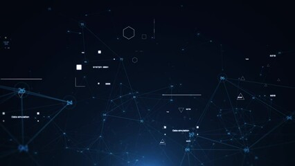 Aufkleber - Technology digital cyberspace, data network connection. Futuristic sci-fi with hud ui system interface flying through 4K motion background.