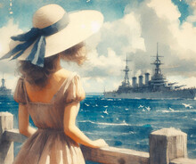 Lady Looking At Ship Sailing Away From The Pier