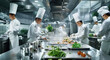  a kitchen scene with chefs in white uniforms cooking and preparing dishes on large surfaces, surrounded by stainless steel appliances and fresh vegetables