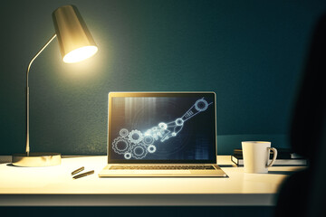 Wall Mural - creative abstract robotics technology sketch on modern laptop monitor, future technology and ai conc