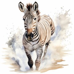 Wall Mural - A running zebra watercolor clipart illustration on white background