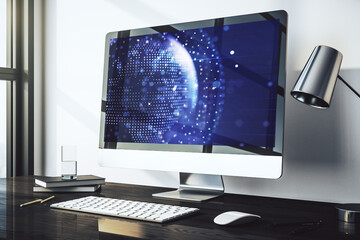Wall Mural - computer monitor with abstract creative digital world map, globalization concept. 3d rendering